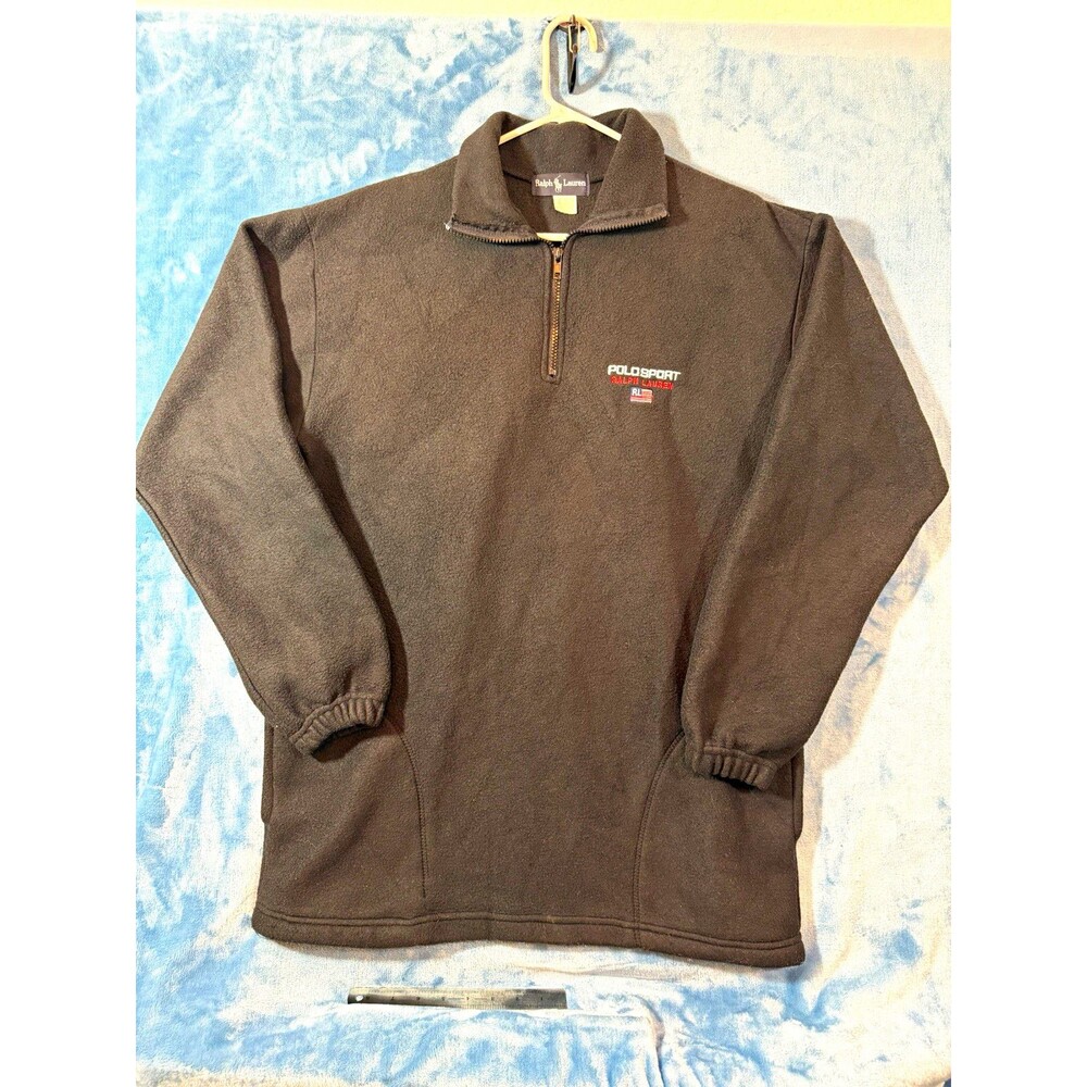 Vintage Polo Sport Ralph Lauren Fleece Quarter Zip Black Pullover Med 90s Flag